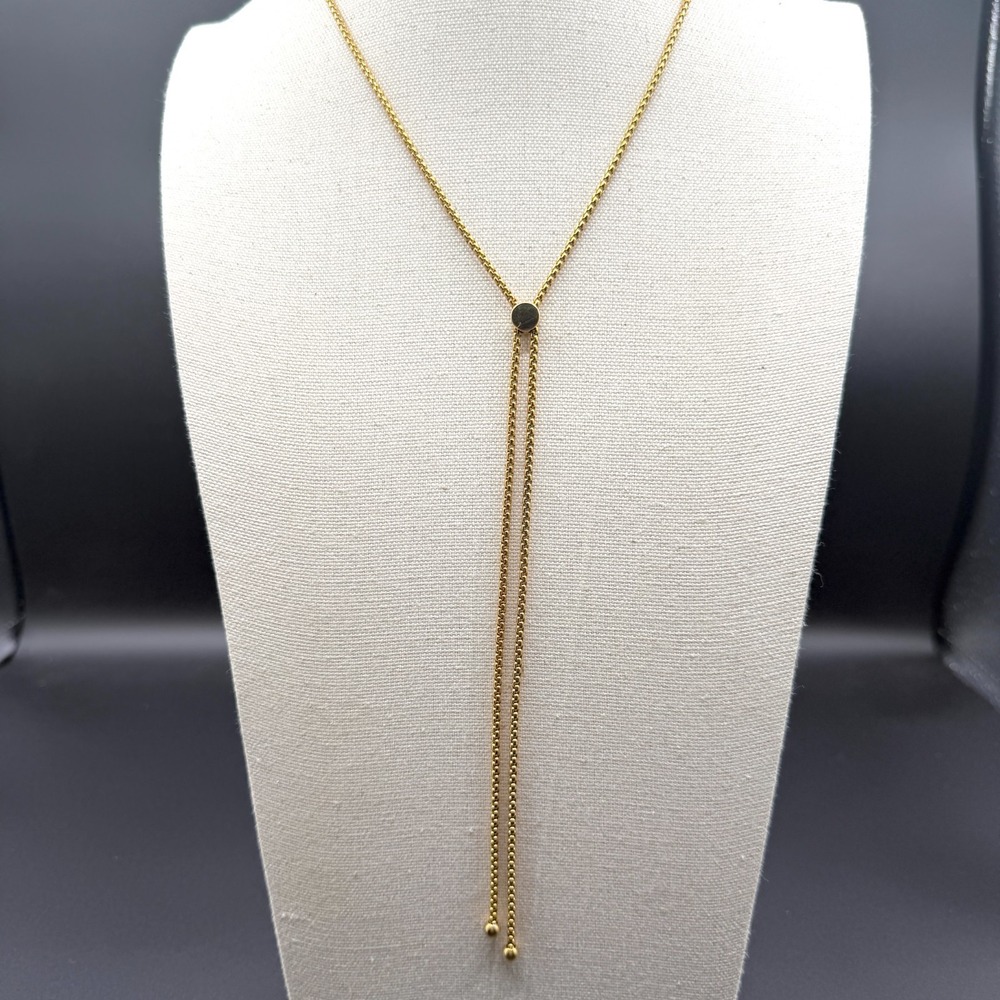 Gold Tone Adjustable Bolo Lariat Necklace Box Chain Tassel Minimalist Jewelry